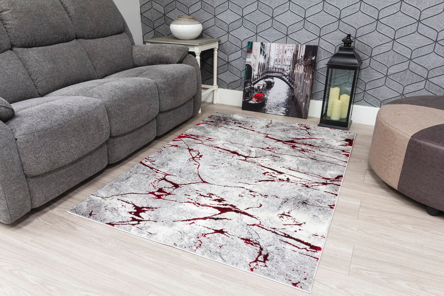 Glitz Range - Marble Rug - Grey & Red