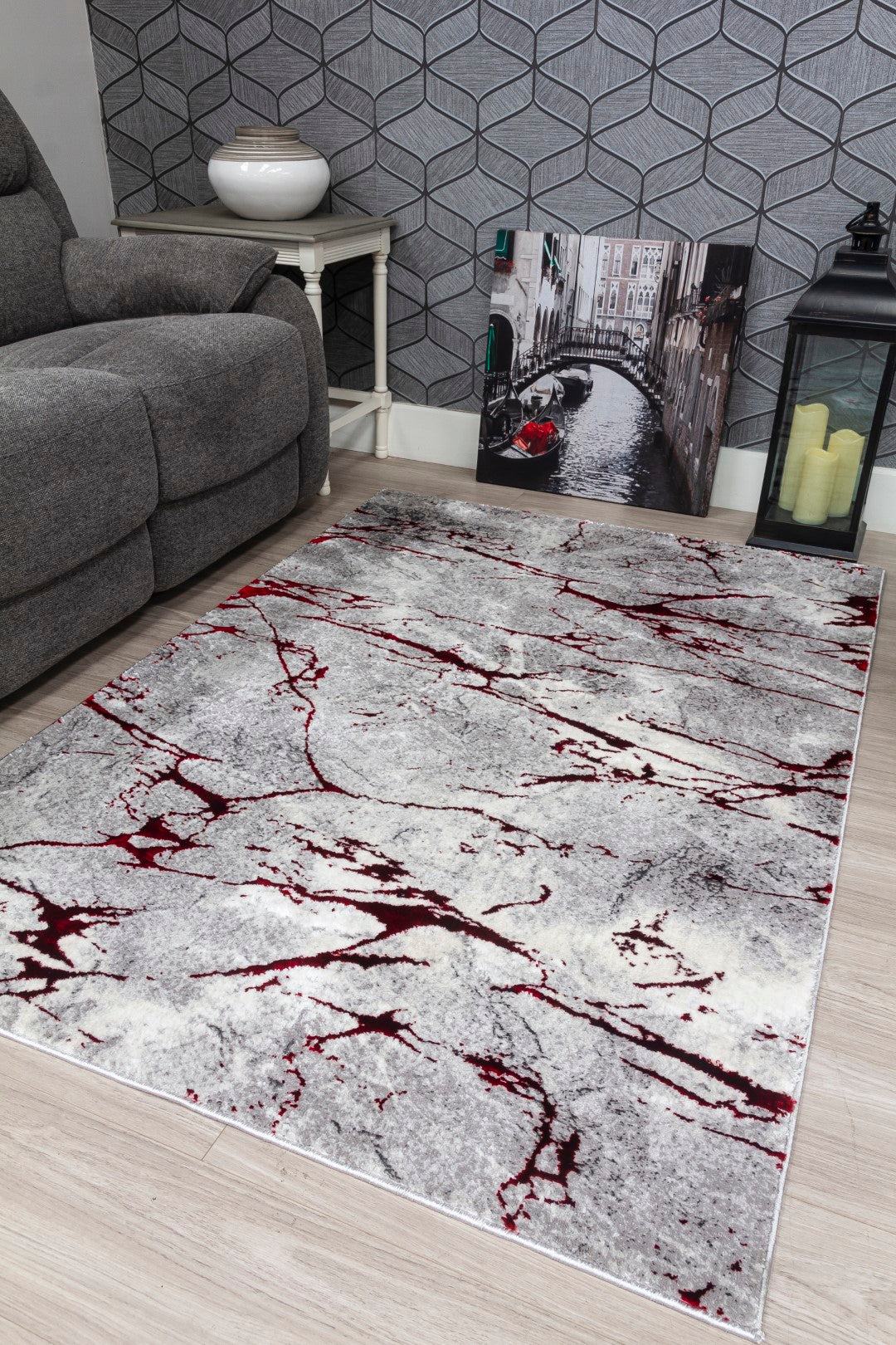 Glitz Range - Marble Rug - Grey & Red