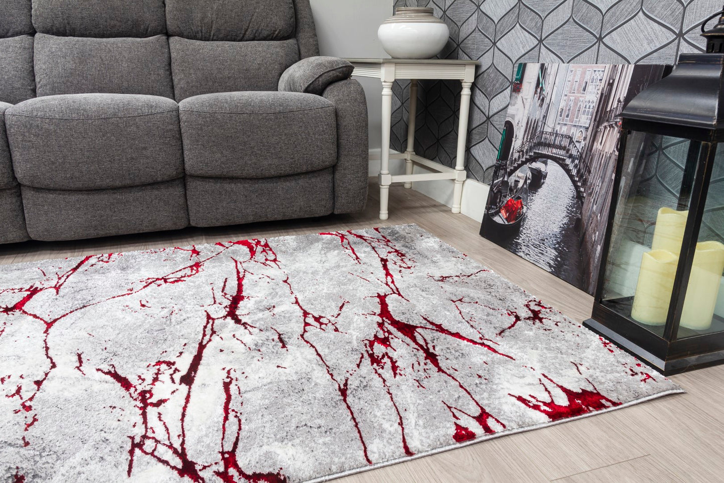 Glitz Range - Marble Rug - Grey & Red